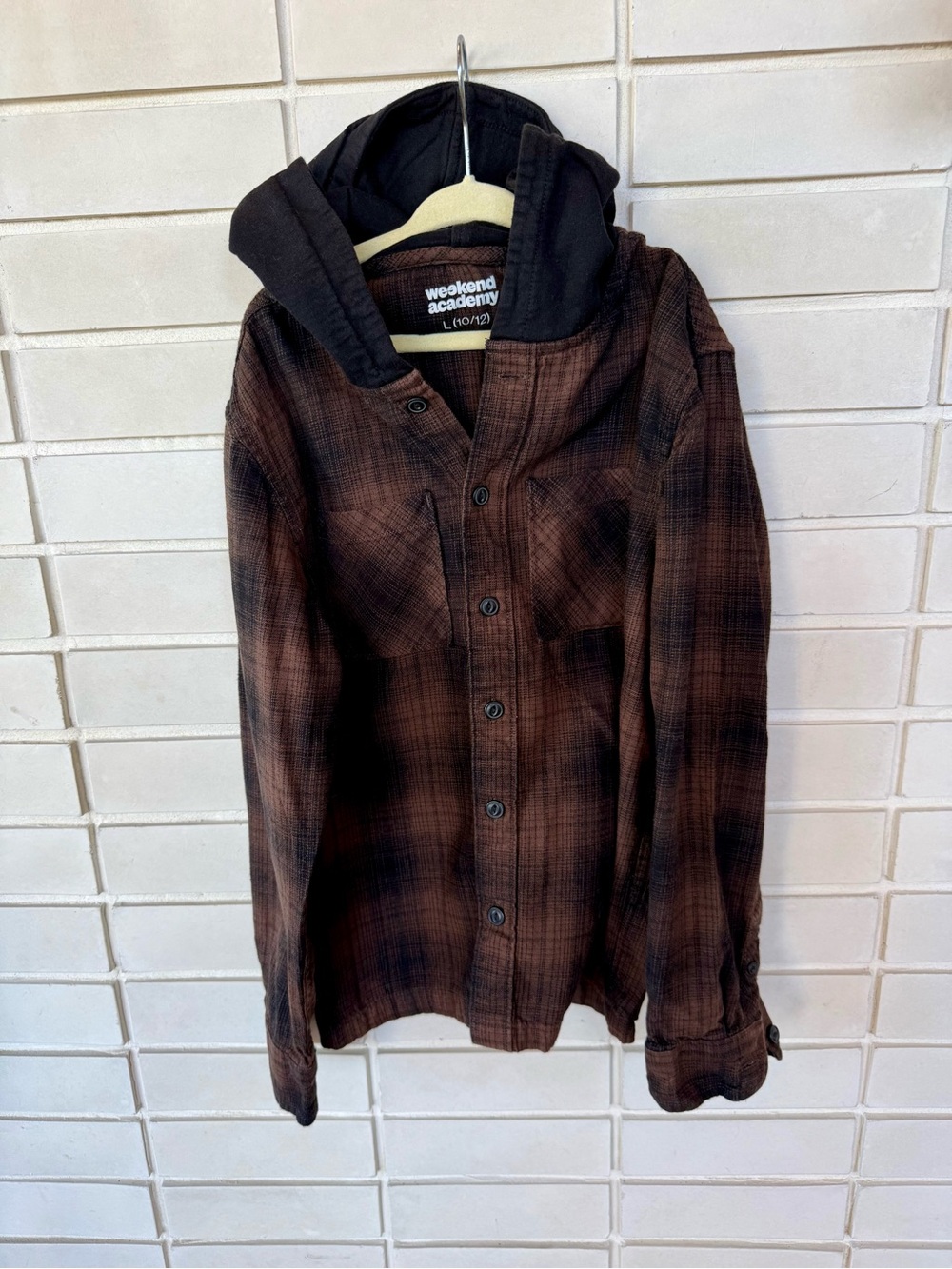 Weekend Academy * 💯 Cotton * Hooded Flannel Shacket * Brown Plaid * Size L 10-12